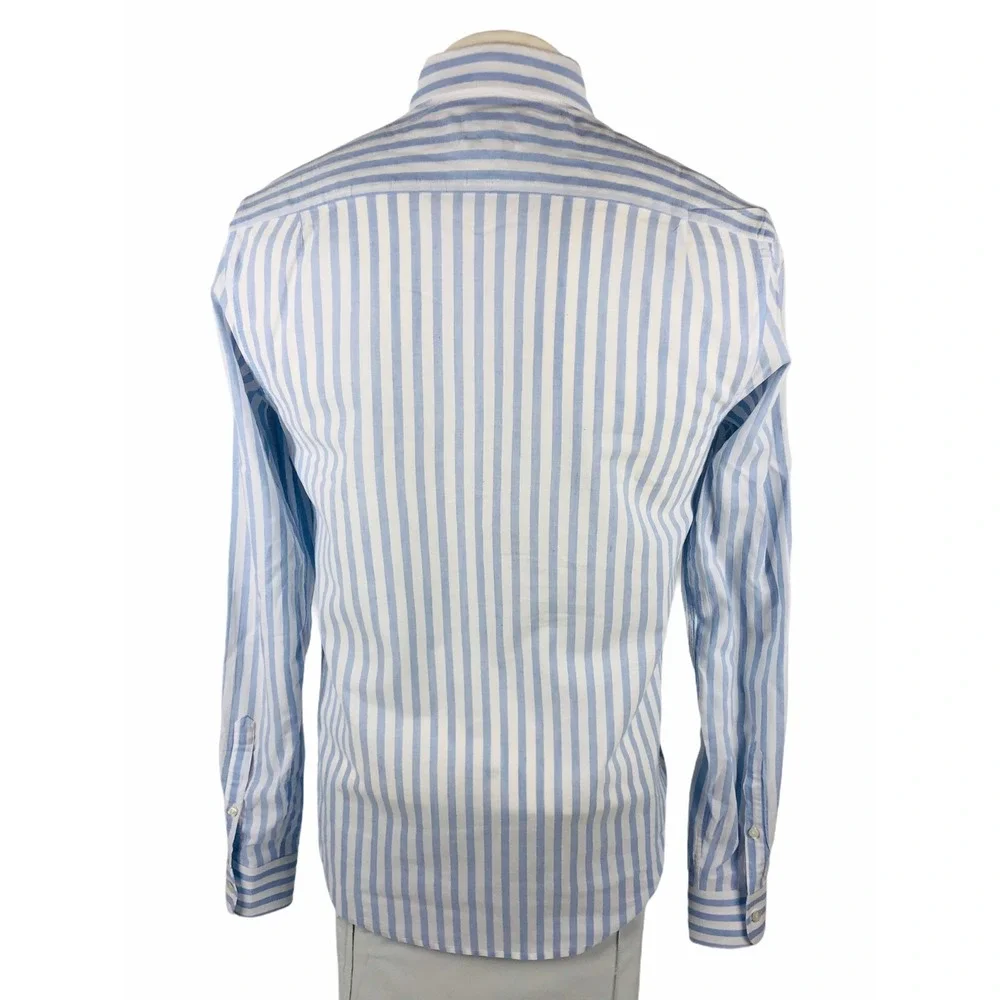 Reiss Mens Small Shirt Striped Blue White Cotton Linen Blend Button Front EUC